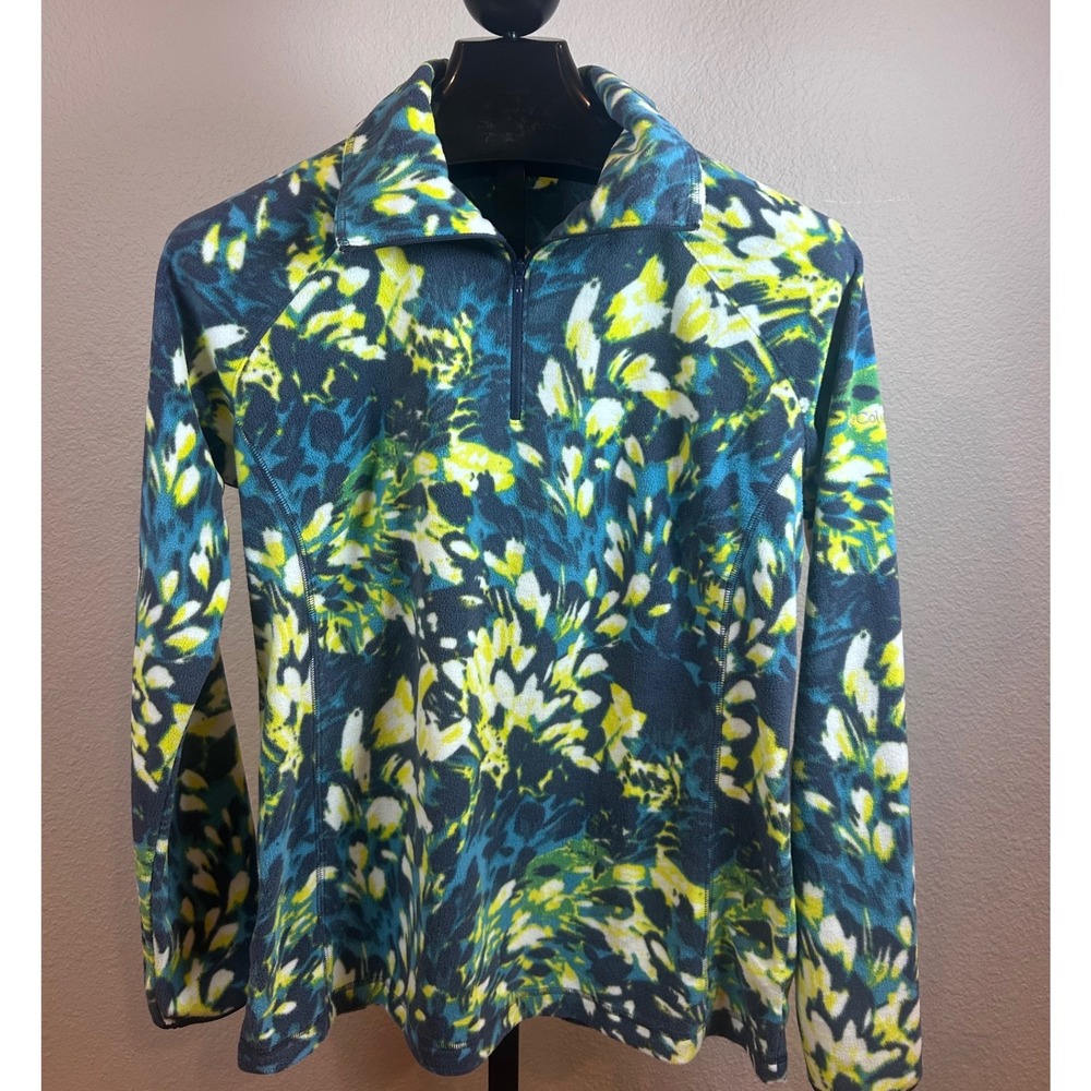 Columbia Womens XL Fleece Pullover Quarter Zip Abstract Floral Blue Green Navy